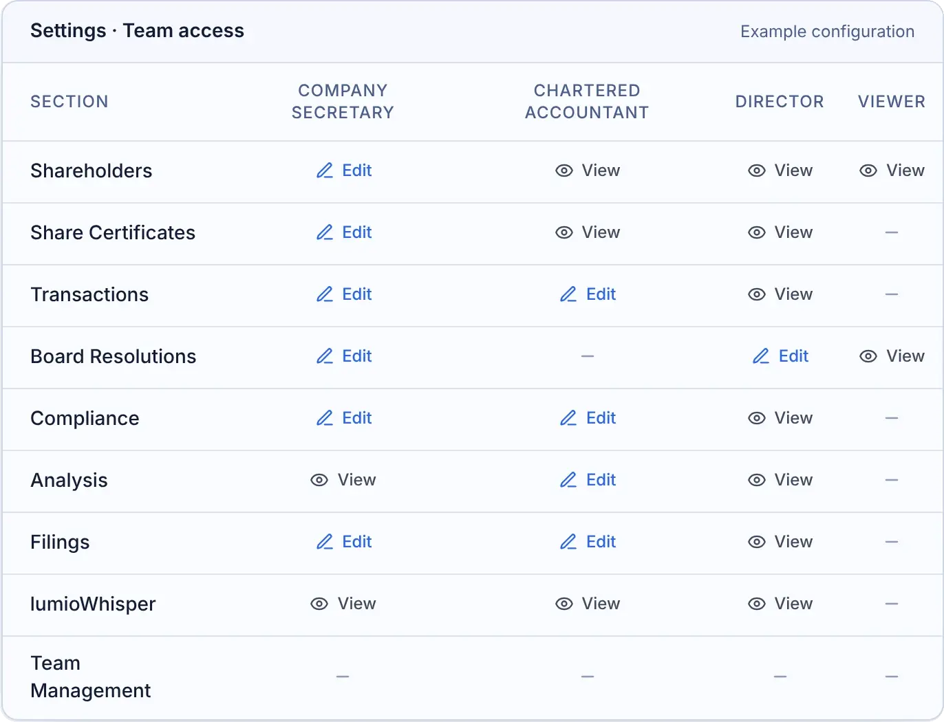 lumioCapital team access settings: which sections a company secretary, chartered accountant, director and viewer can view or edit